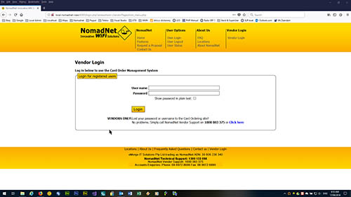 NomadNet Card Login Page.